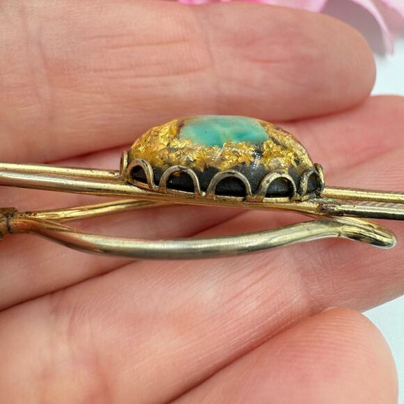 Vintage Gold Flake Turquoise Chip Tie Clip Unique Southwestern Retro Unsigned - Picture 5 of 11
